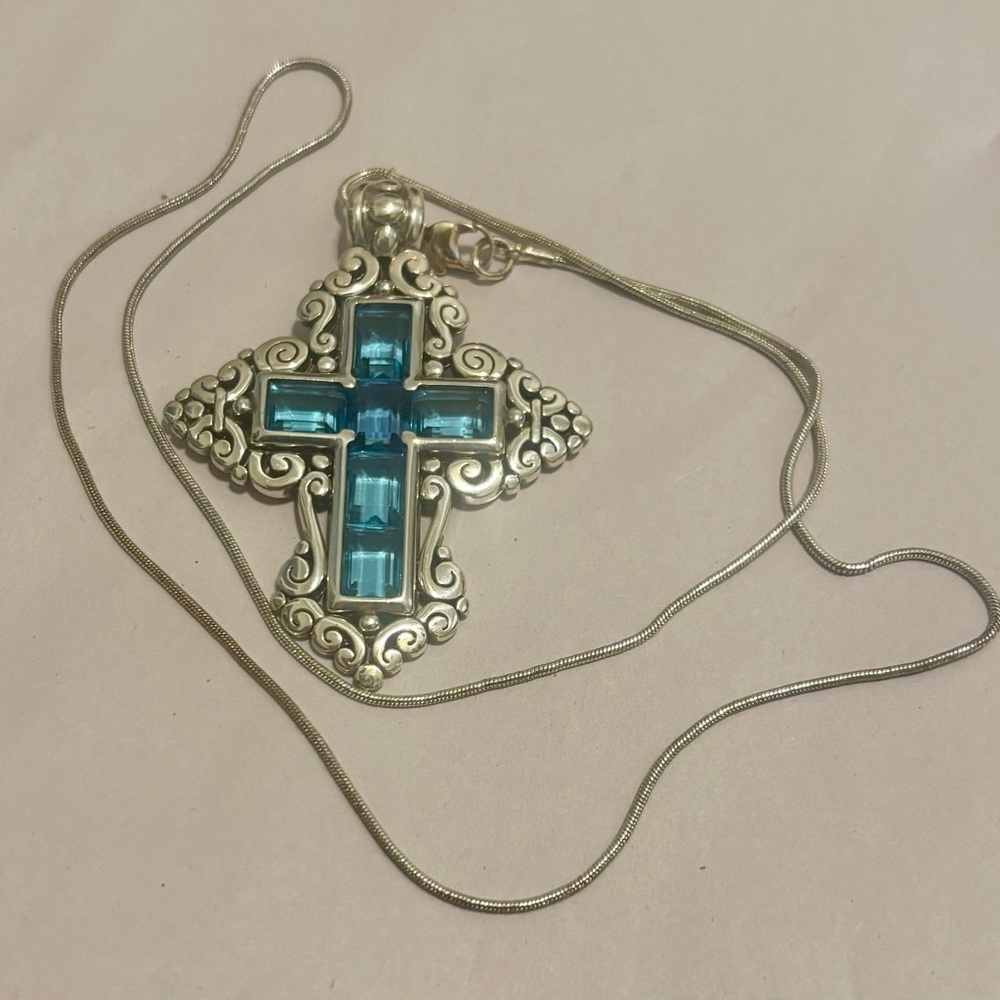 Brighton Cross Pendant Necklace with Blue Accents silver metal